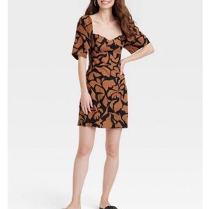 A New Day Floral Linen Blend Short Sleeve Dress Women's L Brown Black Beach